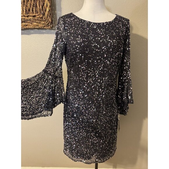 Pisarro Nights Dress 10P Bell Sleeve Sequin Beaded Wedding Party Formal NEW - Picture 4 of 13
